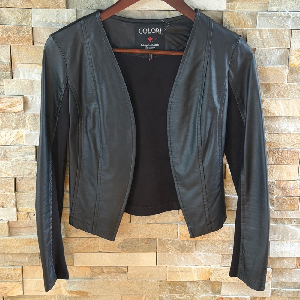 Colori Eveline Black Faux Leather Mixed Media Cropped Open Jacket XS Canada